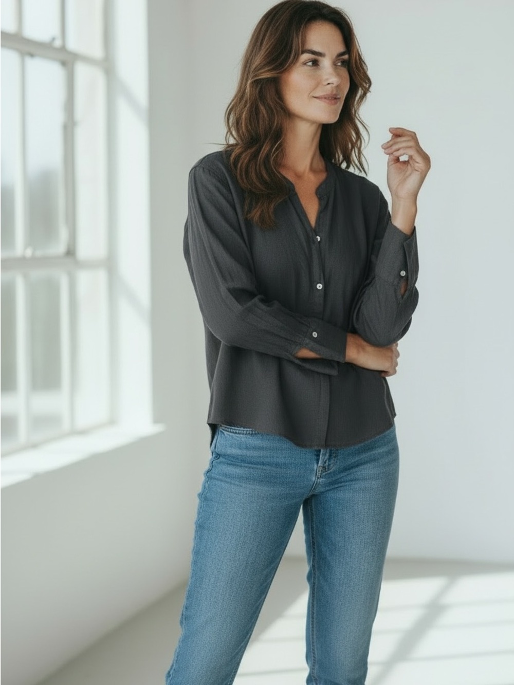 ZARA Basic 100% Linen Black Button Down Tunic Blouse XS Made in Spain